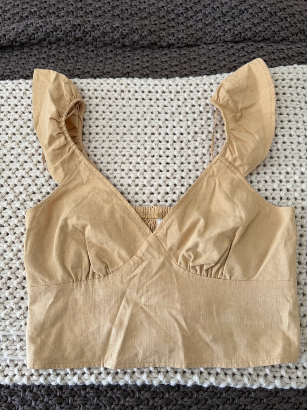 a new day Tan V-Neck Ruffle Strap Crop Top